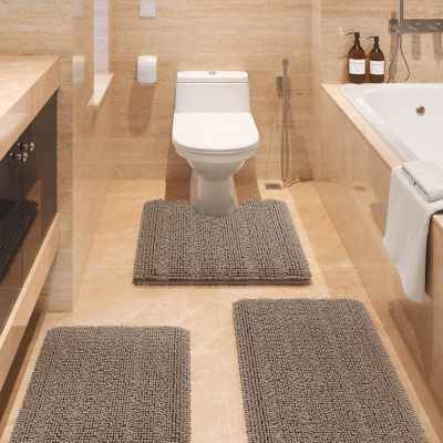 ACCUMTEK Striped Ultra Soft Bathroom Rugs and Mats Set 3 Pieces Bath Mat Set Dark Beige, Thick Chenille Bath Rugs Non Slip Bath Mats for Bathroom, Kitchen