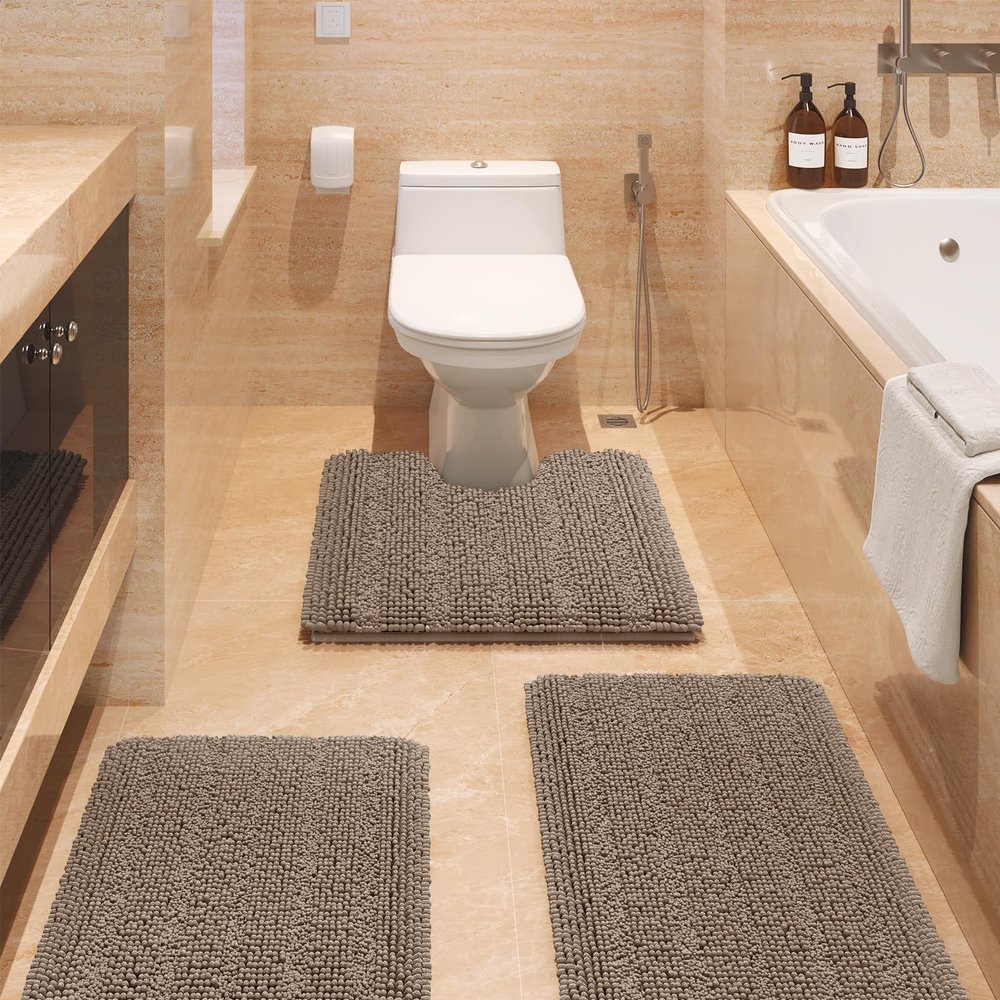 ACCUMTEK Striped Ultra Soft Bathroom Rugs and Mats Set 3 Pieces Bath Mat Set Dark Beige, Thick Chenille Bath Rugs Non Slip Bath Mats for Bathroom, Kitchen