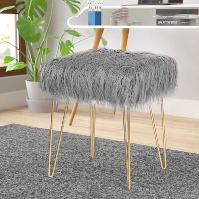 Adeco Faux Fur Vanity Stool Chair, Square Small Metal Legs, Soft Furry Compact Padded Seat for Makeup Bedroom Living Room Ottoman footrest, Grey