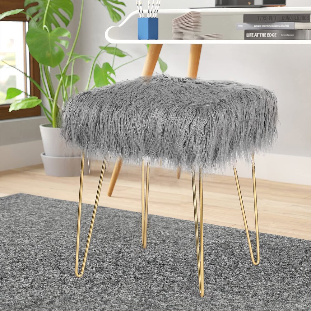 Adeco Faux Fur Vanity Stool Chair, Square Small Metal Legs, Soft Furry Compact Padded Seat for Makeup Bedroom Living Room Ottoman footrest, Grey