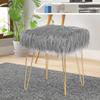 Adeco Faux Fur Vanity Stool Chair, Square Small Metal Legs, Soft Furry Compact Padded Seat for Makeup Bedroom Living Room Ottoman footrest, Grey view 1