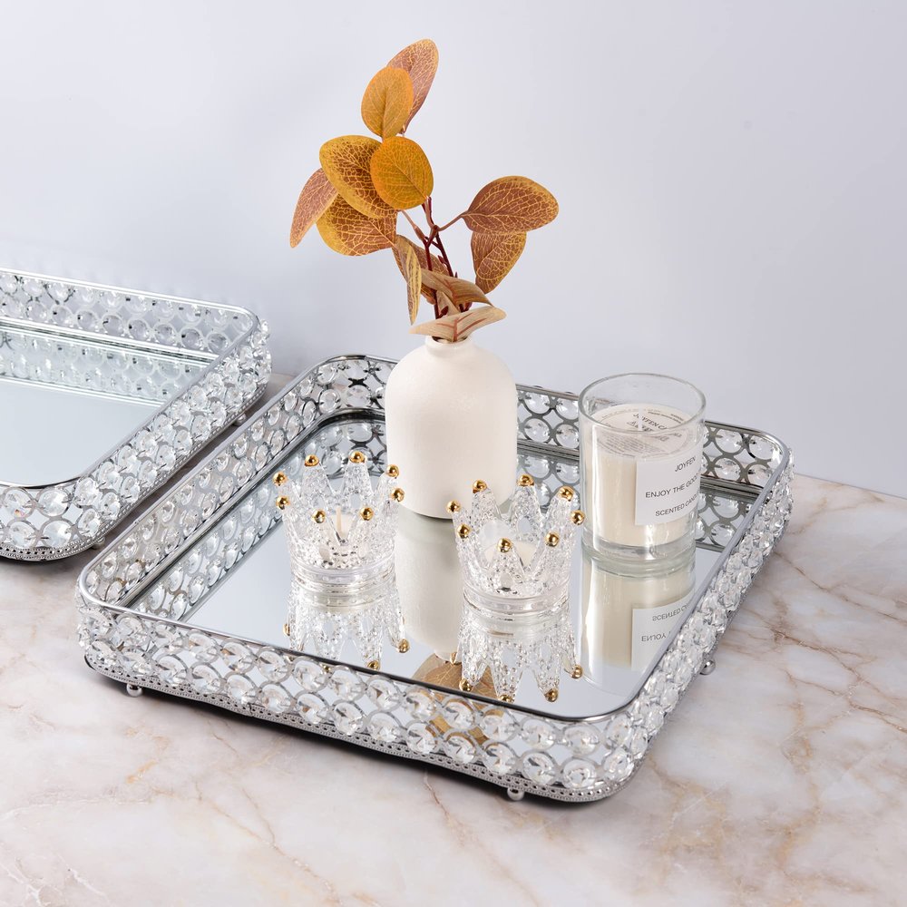 Feyarl Crystal Vanity Perfume Tray Jewelry Trinket Organizer Decorative Cosmetics Serving Coffee Table Tray with Anti-Scratch Real Glass Mirror Surface for Party Wedding Dresser Room (11.8 x 11.8inch)