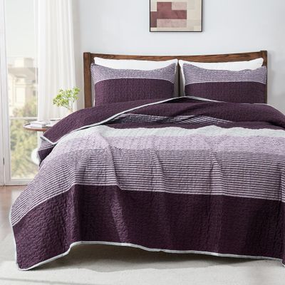 Andency Stripe Quilt Set Cal King(104x112Inch), 3 Pieces (1 Purple Quilt and 2 Pillowcases) Purple and Grey Striped Bedspread Set, Lightweight Soft Quilted Coverlet Set