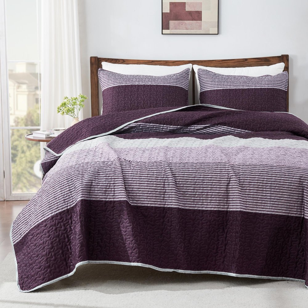 Andency Stripe Quilt Set Cal King(104x112Inch), 3 Pieces (1 Purple Quilt and 2 Pillowcases) Purple and Grey Striped Bedspread Set, Lightweight Soft Quilted Coverlet Set