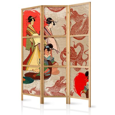 artgeist Japanese Room Divider Geisha & Dragon 53 x 67 in - 3 Panel Folding Screen Japan Design Home Decoration Art Deco p-B-0027-z-b