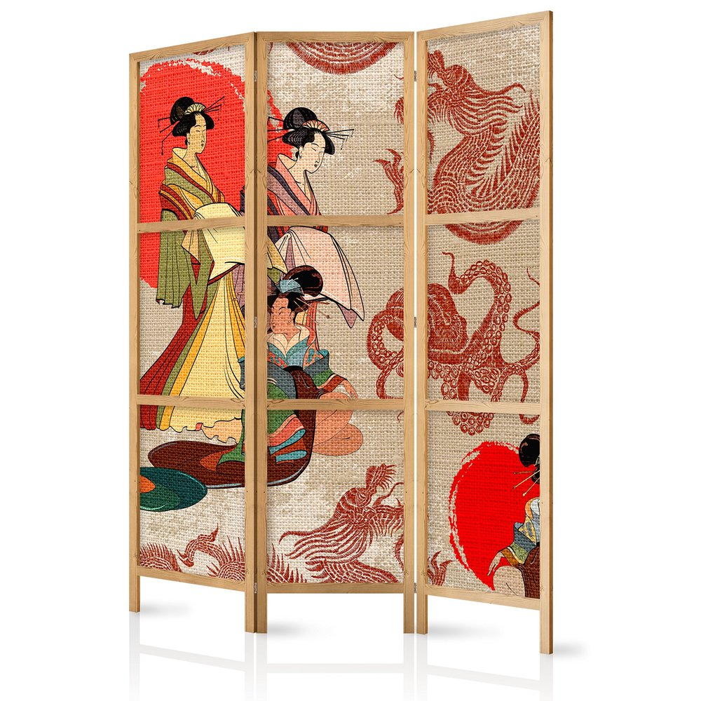 artgeist Japanese Room Divider Geisha & Dragon 53 x 67 in - 3 Panel Folding Screen Japan Design Home Decoration Art Deco p-B-0027-z-b