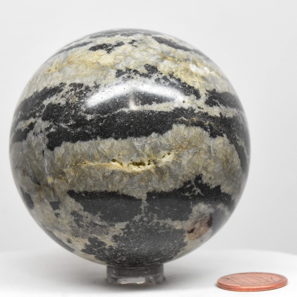 66mm Black & White Onyx Sphere Natural Zebra Chalcedony Crystal Ball Polished Mineral Stone - Peru + Stand