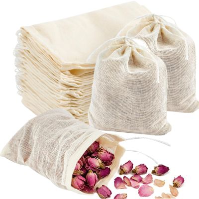 TUZAZO 50 Pcs Muslin Bags with Drawstring 3 x 4 inch, Reusable Tea Bags for Loose Leaf Tea, Natural Cotton Unbleached Cheesecloth Small Spice Bag for Cooking Soup Herb Sachet Bag Empty