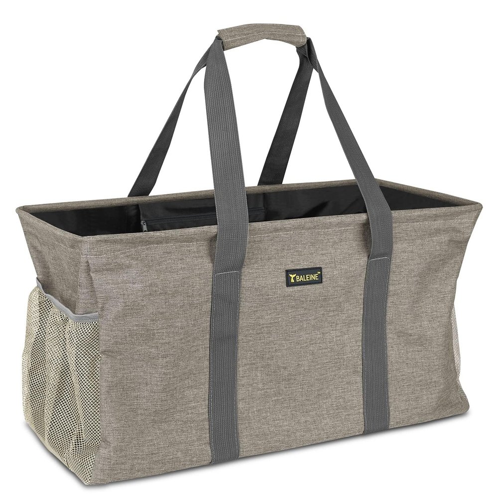 BALEINE Extra Large Utility Tote Bag with Reinforced Wire Frame, Reusable Grocery Bag for Shopping, Picnic (Beige, 22''x12''x10'')