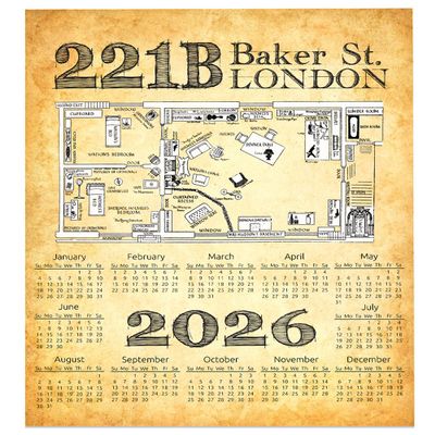 2026 Calendar - 18x24 Unframed Print - Vintage Sherlock Holmes 221B Baker Street Poster - Detective Themed Calendar 2026 - Classic Literature Calendar 2026-221B Baker St. London Map Wall Art Dcor