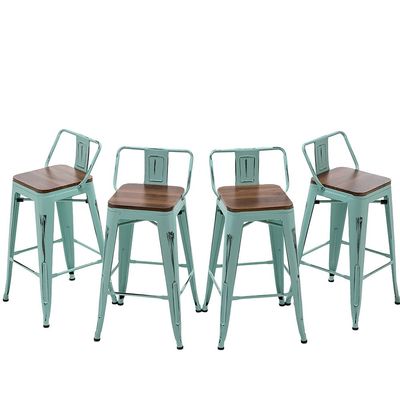 Andeworld Bar Stools Set of 4 Counter Height Stools Industrial Metal Barstools with Wooden Seats(26 Inch, Distressed Green Blue)