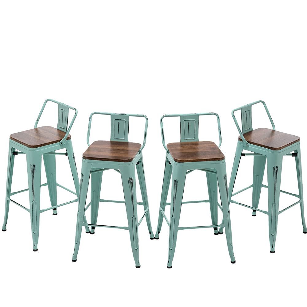 Andeworld Bar Stools Set of 4 Counter Height Stools Industrial Metal Barstools with Wooden Seats(26 Inch, Distressed Green Blue)