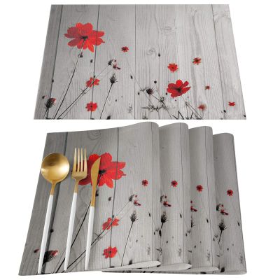 MACONAA Red Poppy Flowers Placemats for Dining Table Set of 6, Rustic Grey Farmhouse Cotton Linen Place Mats for Kitchen/Dining, Washable Table Mats 13''x19'' Floral Table Decor, Red-3