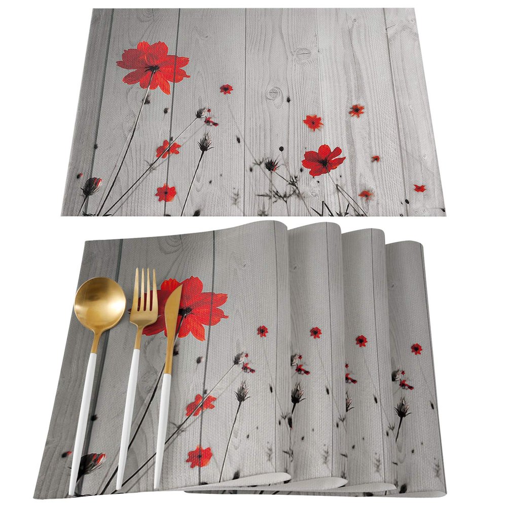 MACONAA Red Poppy Flowers Placemats for Dining Table Set of 6, Rustic Grey Farmhouse Cotton Linen Place Mats for Kitchen/Dining, Washable Table Mats 13''x19'' Floral Table Decor, Red-3