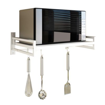 ABCOOL Wall Mount Microwave Oven Shelf Rack, White Carbon Steel Counter Countertop Holder with Hook Rail and 3 Slidable Hooks for Kitchen Home
