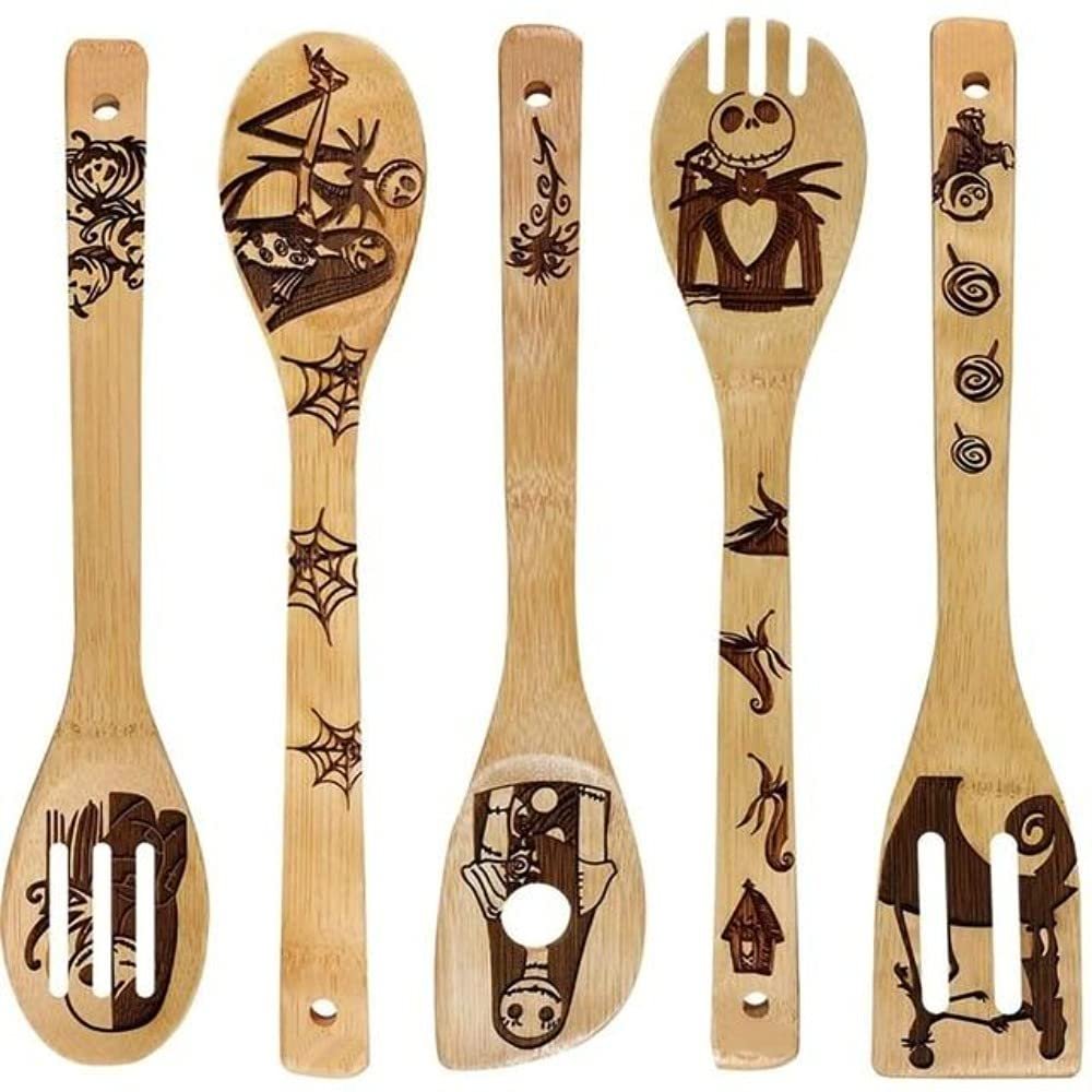 5PCS Halloween Bamboo Wood Wok Spoon (Peach blossom)