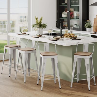 Andeworld Bar Stools Set of 4 Counter Height Stools Industrial Metal Barstools with Wooden Seats(24 Inch, Distressed White)