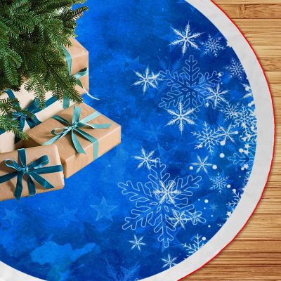 48 Inches Blue Christmas Tree Skirt Rustic Thick Xmas Tree Skirt with Snowflake Winter Happy New Year Decoration for Home Holiday Party