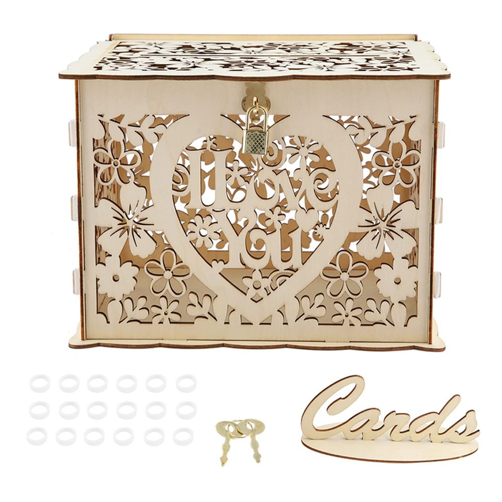 Wedding Card Box, Wooden Gift Card Box with Lock and Key for Reception Wedding Anniversary Baby Shower Birthday Party Decorations