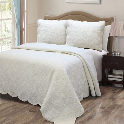 Ivory Royal Palace 100% Hypoallergenic Cotton 3 Piece Quilt Set Bedroom Quilt Bedding Oversized Full/Queen Size Ivory