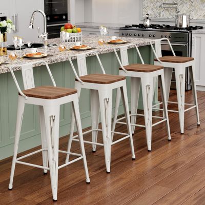 Alunaune 24" Metal Bar Stools Set of 4 Counter Height Barstools Industrial Counter Stool Kitchen Bar Chairs with Modern Wooden Seat, Distressed White
