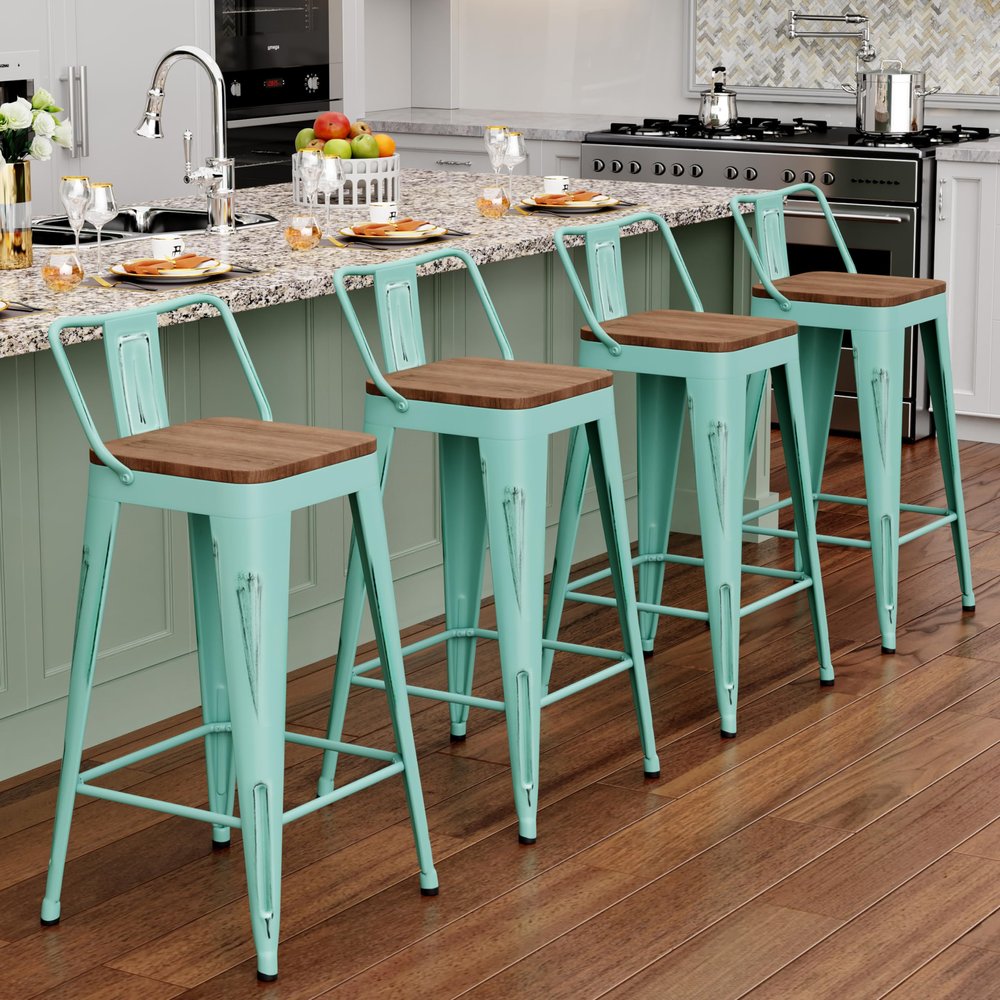 Alunaune 26" Metal Bar Stools Set of 4 Counter Height Barstools Industrial Counter Stool Kitchen Bar Chairs Modern Wood Seat-Distressed Blue