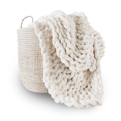 Adyrescia Chunky Knit Blanket Throw | 100% Hand Knit with Jumbo Chenille Yarn (40"x50", Cream White)