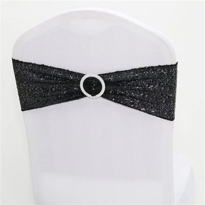 Dimatic 25 PCS Stretch Sequin Chair Sashes Chair Stretchy Spandex Bands for Wedding Reception Events Banquets Chairs Decoration (Black)
