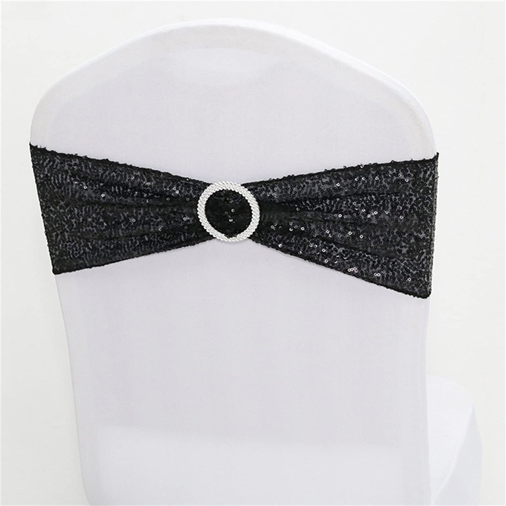 Dimatic 25 PCS Stretch Sequin Chair Sashes Chair Stretchy Spandex Bands for Wedding Reception Events Banquets Chairs Decoration (Black)