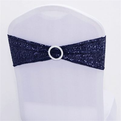 Dimatic 25 PCS Stretch Sequin Chair Sashes Chair Stretchy Spandex Bands for Wedding Reception Events Banquets Chairs Decoration (Navy)