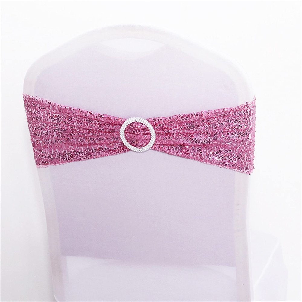 10 PCS Stretch Sequin Chair Sashes Chair Stretchy Spandex Bands for Wedding Reception Events Banquets Chairs Decoration (Pink)