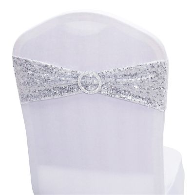 Dimatic 25 PCS Stretch Sequin Chair Sashes Chair Stretchy Spandex Bands for Wedding Reception Events Banquets Chairs Decoration (Silver)