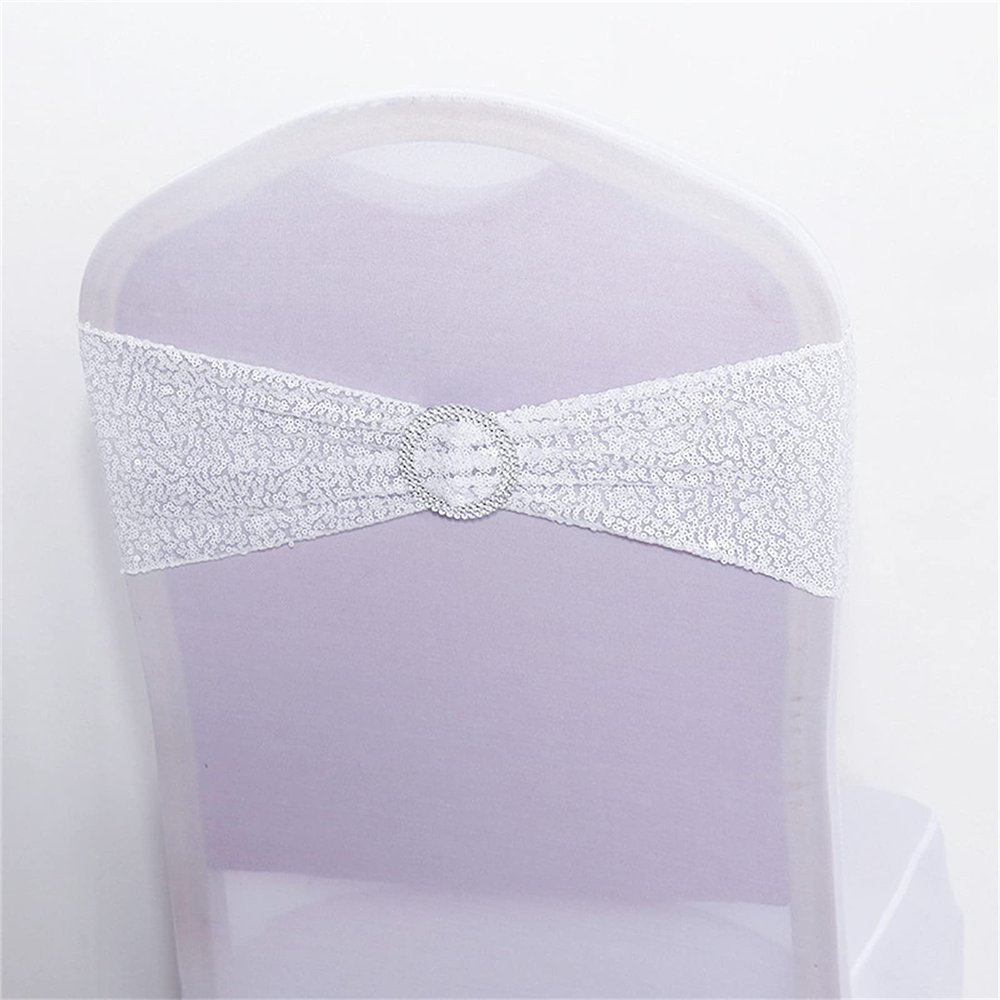 Dimatic 25 PCS Stretch Sequin Chair Sashes Chair Stretchy Spandex Bands for Wedding Reception Events Banquets Chairs Decoration (White)