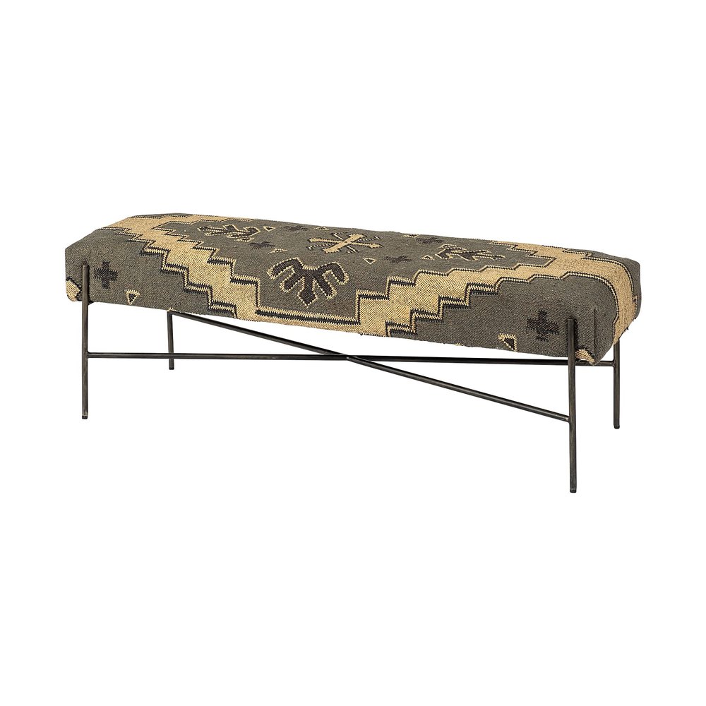 HomeRoots Black Rectangular Metal/Antiqued-Nickel Toned Base W/Upholstered Tan Pattered Seat Accent Bench
