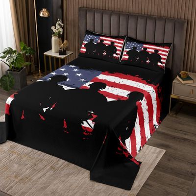 American Flag Bedspread Set Queen Size for Kids,Boys Army Soldier Silhouette Quilt Set Retro Pattern Bedspread Coverlet Black Tie-dye Bedspread 3 Piece Decorative Bedding Quilted with 2 Pillow Shams