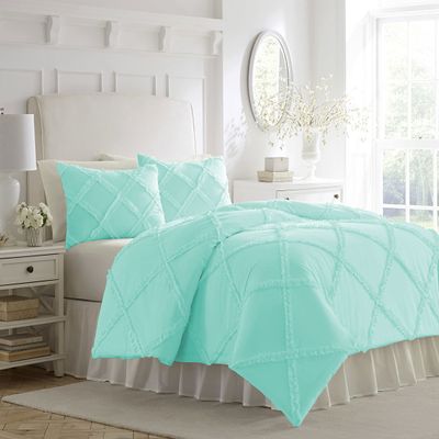 Bedding Empire Luxurious 3 Piece Diamond Shape Ruffle Duvet Cover Set 100% Egyptian Cotton 500 Thread Count Queen Size, Aqua Color