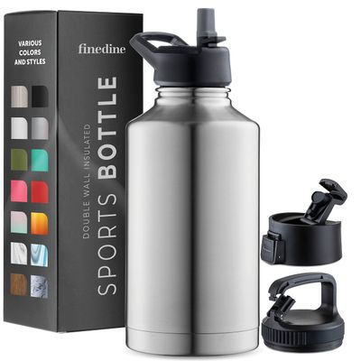 FineDine Water Bottle - Stainless Steel Insulated Water Bottle with Straw Lid, Flip Lid & Wide-Mouth Cap - Keeps Hot and Cold - 64 Oz / 1.89L - Brushed Stainless Steel