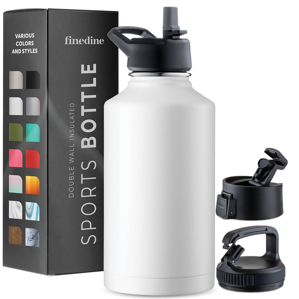 FineDine Triple Walled, Insulated Water Bottles with Straw - 64 Oz Stainless Steel Metal Bottle W/ 3 Leak Proof Lids - For Travel, School, Sports, Gym/Men, Women & Kids - Pure Pearly White