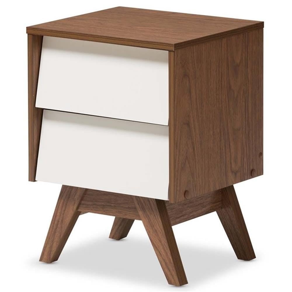 BOWERY HILL Mid-Century Modern 2 Drawer Nightstand, White and Walnut Brown Finish, Particle Board/MDF, 21.5 in H x 15.75 in W x 13.78 in D, Slanted Drawers for Bedroom Storage, Engineered Wood Legs