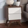 BOWERY HILL Mid-Century Modern 2 Drawer Nightstand, White and Walnut Brown Finish, Particle Board/MDF, 21.5 in H x 15.75 in W x 13.78 in D, Slanted Drawers for Bedroom Storage, Engineered Wood Legs view 2
