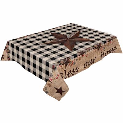 HELLOWINK Rectangle Table Cloths 52x70inch,Western Texas Star Party Tablecloth Cotton Linens Table Covers for Kitchen Dinning Wedding Decoration,Anti-Stain/Wrinkle,Washable,Vintage Plaid Wooden