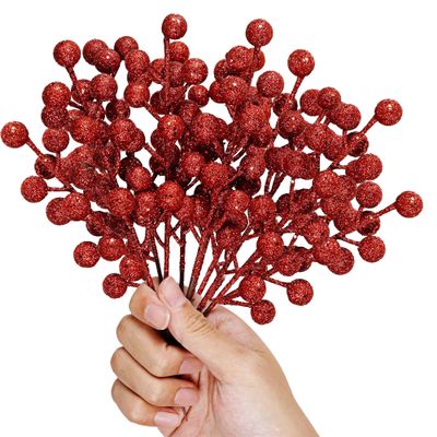 winemana 24 Pack 8 Inch Christmas Glitter Faux Winter Berry Sprigs, Artificial Sparking Red Berries Ornaments for Christmas Tree DIY Crafts Wreath Garland Decor (Red)