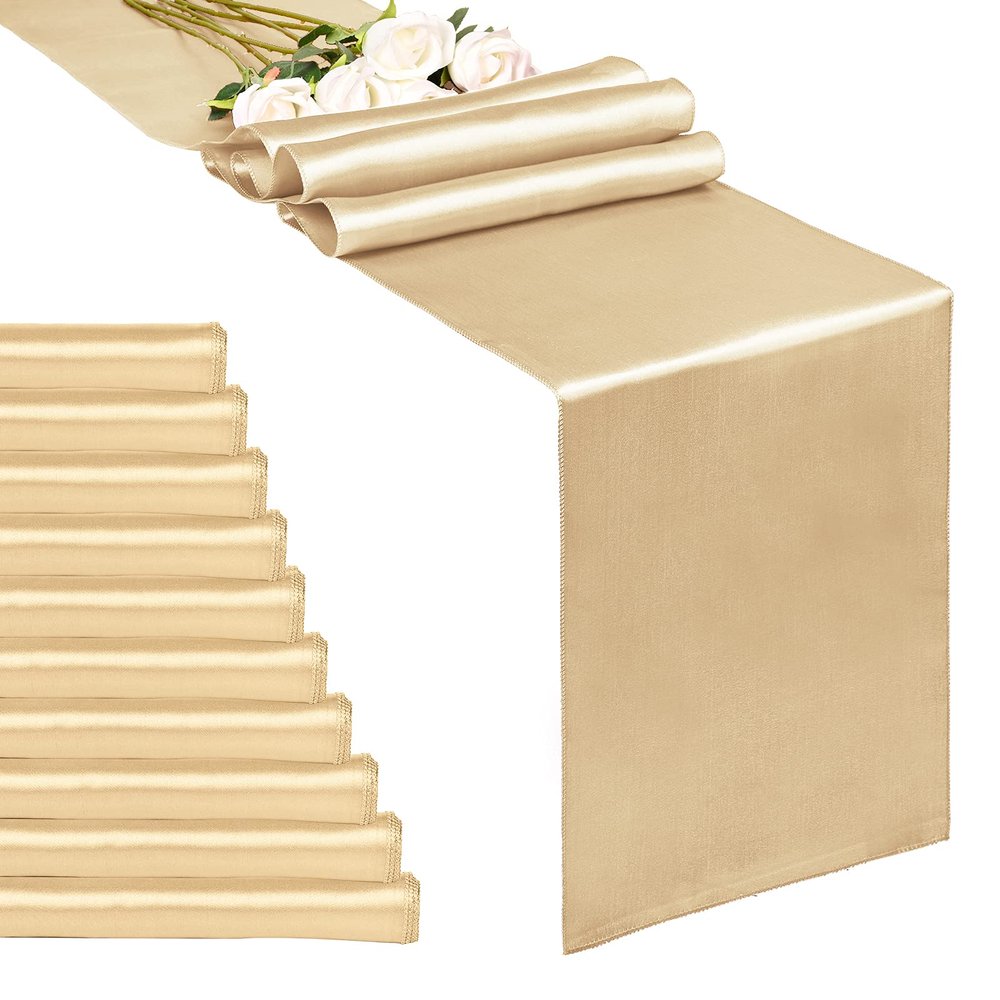 10-Pack Champagne 12 x 108 inches Long Premium Satin Table Runner for Wedding, Decorations for Birthday Parties, Banquets, Graduations, Engagements, Table Runners fit Rectange and Round Table