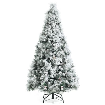 Goplus 6ft Snow Flocked Christmas Tree, Artificial Hinged Xmas Pine Tree w/ 652 Glitter Branches, Pine Cone & Red Berries, Frosty Tree for Indoor Holiday Festival Decoration