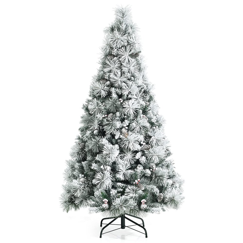 Goplus 6ft Snow Flocked Christmas Tree, Artificial Hinged Xmas Pine Tree w/ 652 Glitter Branches, Pine Cone & Red Berries, Frosty Tree for Indoor Holiday Festival Decoration