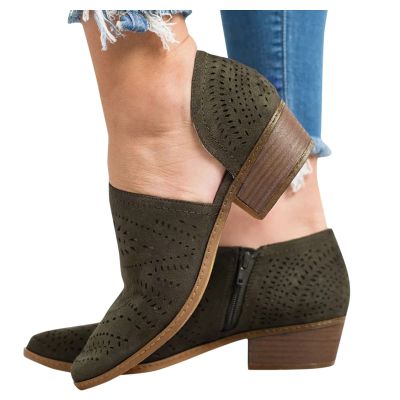 Hbeylia Women's Booties Boho Fashion Round Toe Hollow Out V Cut Slip On Chunky Mid Heels Ankle Boots Walking Shoes For Women Ladies Bohemian Beach Travel Sandals Shoes