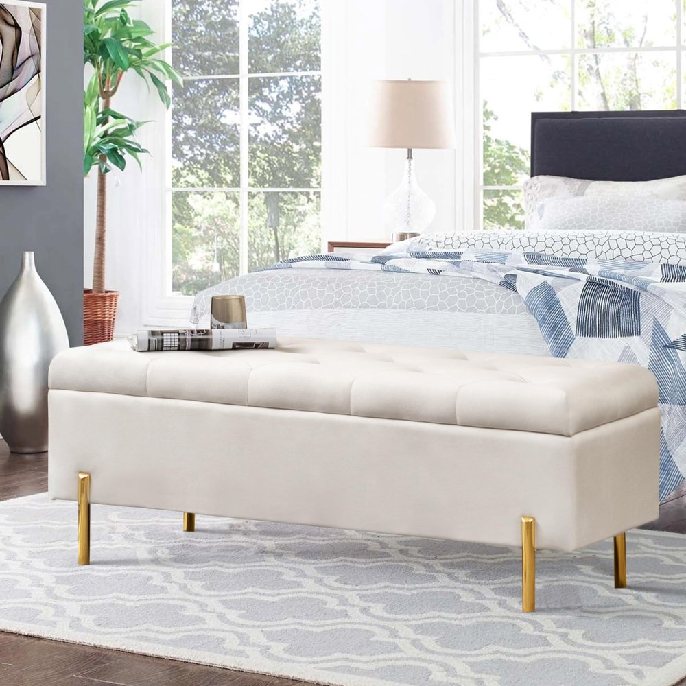 Apeaka Velvet Storage Bench Bedroom End of Bed Upholstered Tufted Settee Bench for Living Room Entryway Rectangular Storage Ottoman Bench Ivory