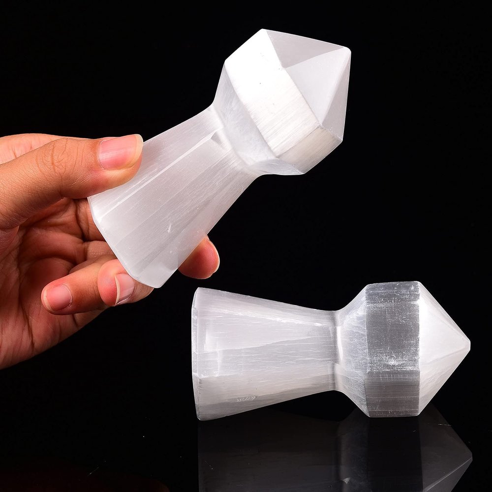 AMOYSTONE Selenite Crystal Tower Natural Crystal Lighthouse Shaped 6 Faceted Reiki Healing Chakra Selenite Sticks 3.9" 2PCS