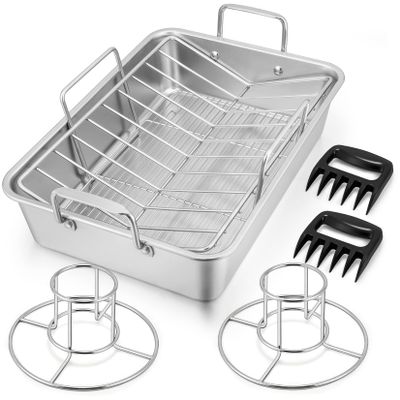 16" Roasting Pan with Rack, 7 PCS P&P CHEF Stainless Steel Turkey Roaster Lasagna Pan with Cooling Flat & V-shaped Baking Rack, Grilling Chicken Holder, Meat Shredding Claws, Dishwasher & Oven Safe