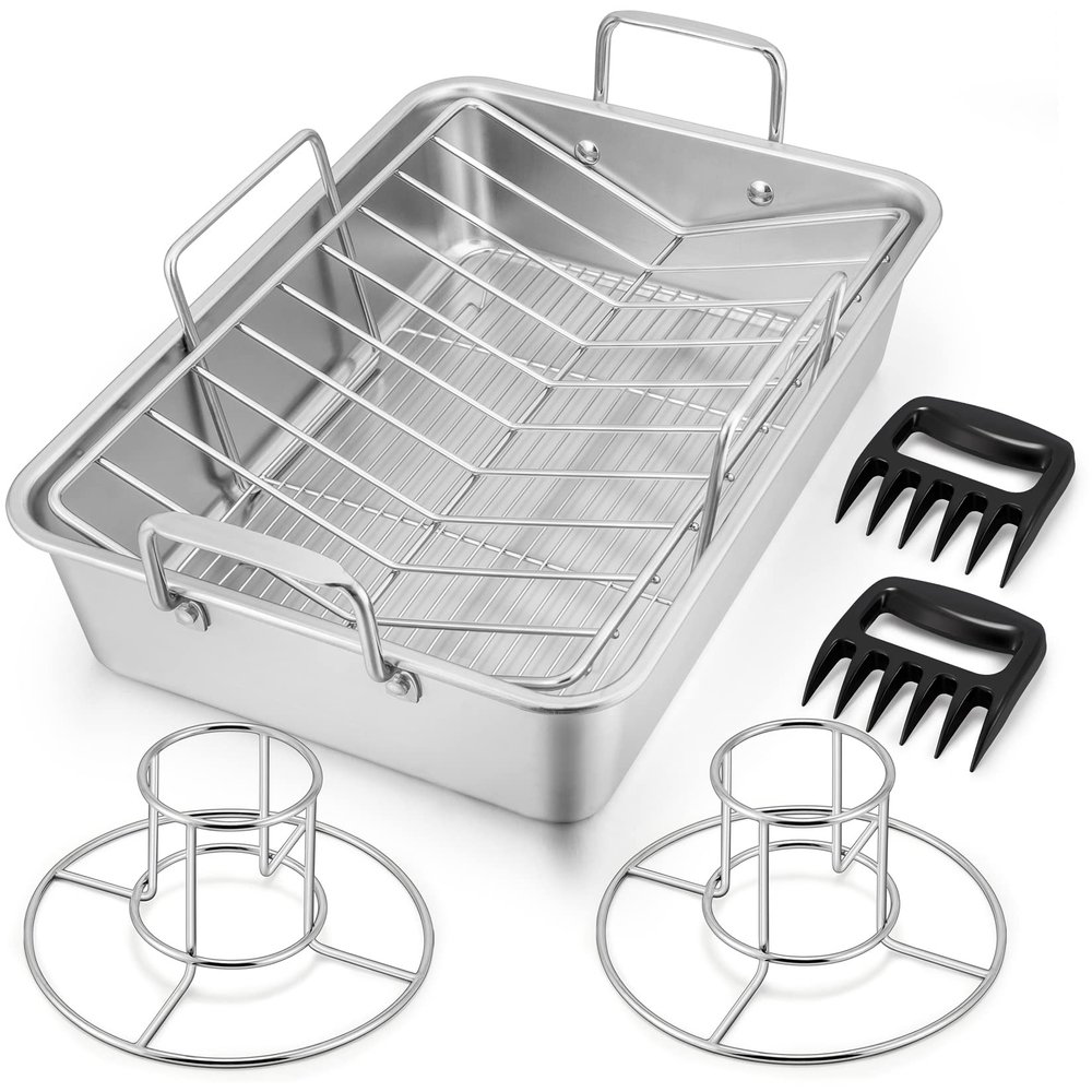 16" Roasting Pan with Rack, 7 PCS P&P CHEF Stainless Steel Turkey Roaster Lasagna Pan with Cooling Flat & V-shaped Baking Rack, Grilling Chicken Holder, Meat Shredding Claws, Dishwasher & Oven Safe